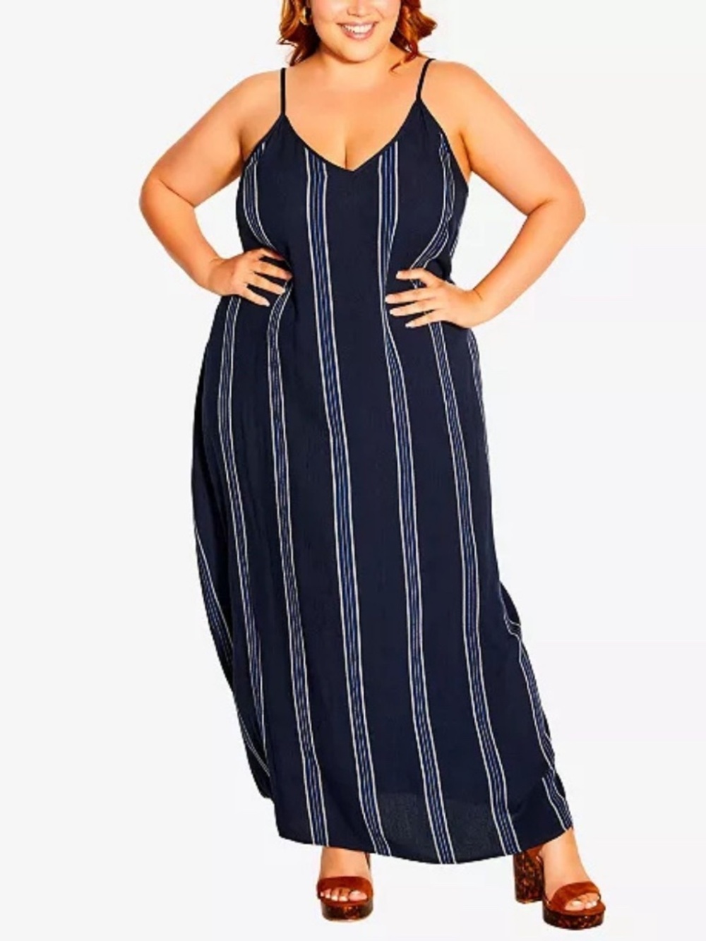 City Chic V-neck Navy & White Striped Maxi Dress Plus XXL/24